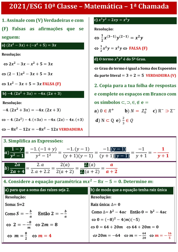 Exercícios 1 -a 4 - Exame de matemática 10a classe -2021